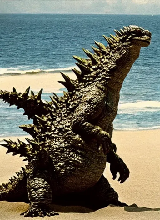 Image similar to godzilla as mozzarella on the sand of a beach