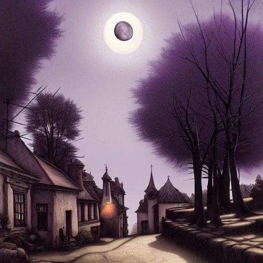 Image similar to in the style of gerald brom, caravaggio, beautiful small town, houses and buildings, 1 8 0 0 s, cobblestone roads, low light, purple and blue skies, low moon, trees, forest in the distance, light mist