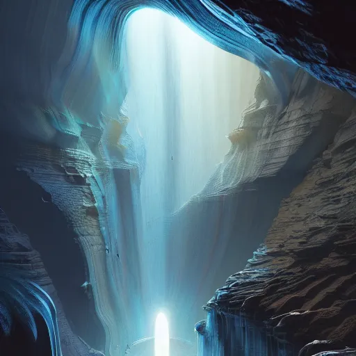 Image similar to light is mine to travel,beyond time ,the cathedrals in a canyon grotto of life the beginning , geological strata,ground mist, falling water,pools of water, by Sparth and Greg Rutkowski, hypermaximalist,micro details, 3d sculpture,,digital rendering,octane render , 4k, artstation, concept art , f22,deep depth of field,photographic, wide angle,cinematic lighting