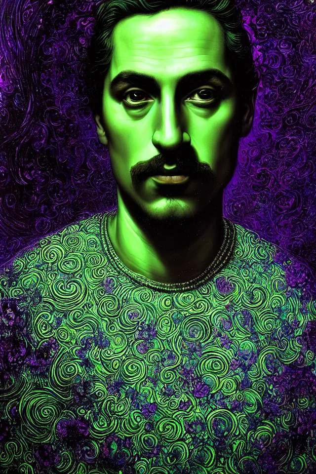 Image similar to bizarre green purple teal blacklight detailed renaissance portrait of mario as a highly detailed realistic real life, dramatic cinematic lighting, 8 k, beautiful intricate painting by james r eads and tomasz alen kopera