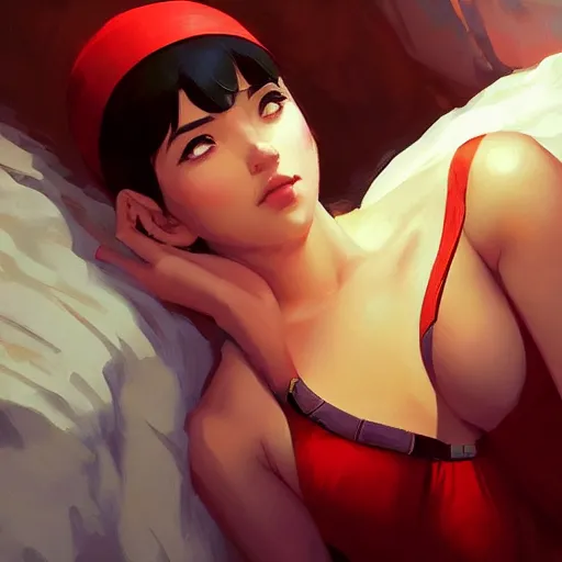 Image similar to odalisque in pools of low light, lying on her back with her head slightly hanging off edge of the bed, by guweiz and vargas and wlop and ilya kuvshinov and artgerm and, aesthetic, gorgeous, stunning, alluring, attractive,