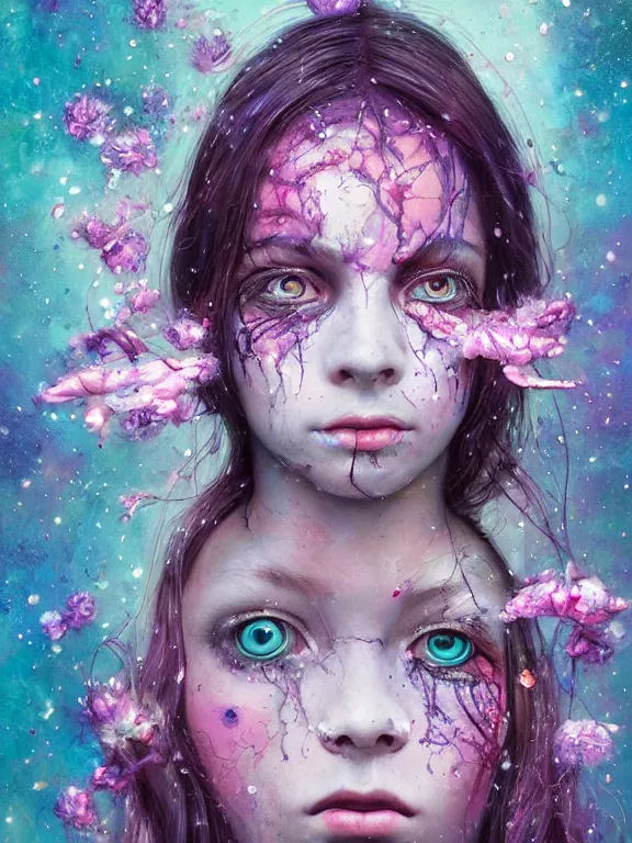 Image similar to art portrait of space decaying girl with purple eyes, with flower exploding out of head,8k,by tristan eaton,Stanley Artgermm,Tom Bagshaw,Greg Rutkowski,Carne Griffiths,trending on DeviantArt,face enhance,hyper detailed,minimalist,cybernetic, android, blade runner,full of colour