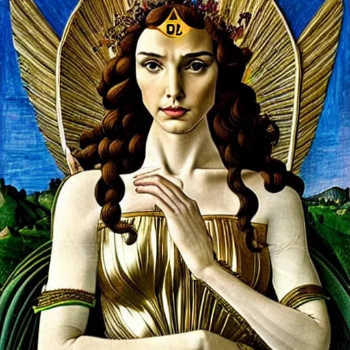 Image similar to gal gadot as the goddess of spring, elegant portrait by sandro botticelli, detailed, symmetrical, intricate