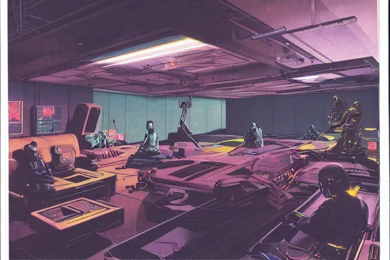 Image similar to 1979 OMNI Magazine Cover of a garage war-room in neo-Tokyo in cyberpunk style by Vincent Di Fate