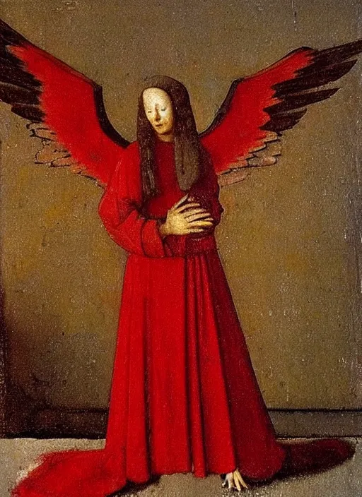 Image similar to Flying Fallen Angel dressed in red, Medieval painting by Jan van Eyck, Johannes Vermeer, Florence