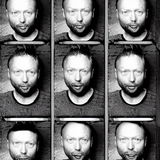 Prompt: photobooth prints of random thom yorke versions on a table, hyper realistic, many very random variations of thom yorke, various emotions, various poses, high quality photographs, mixed styles, intricate details, diverse