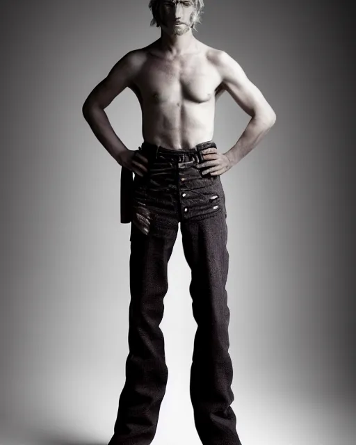 Image similar to an award - winning photo of an ancient male model wearing a plain boot cut flared distressed medieval designer menswear trousers designed by alexander mcqueen, 4 k, studio lighting, wide angle lens, 2 0 0 4
