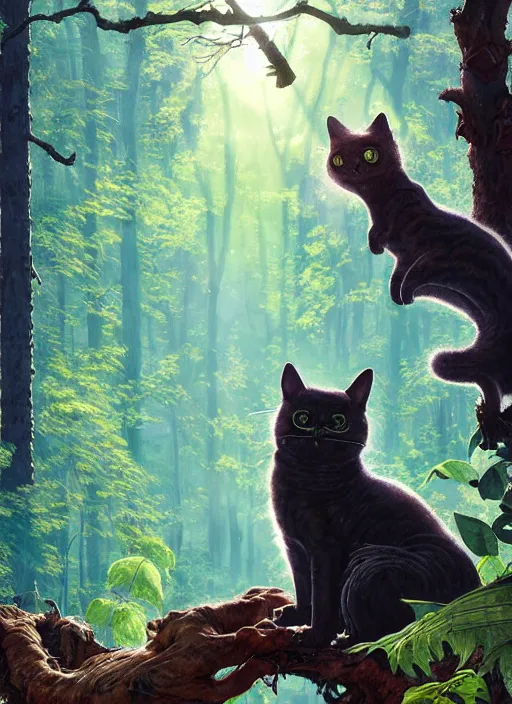 Image similar to a hyper realistic ink cat alien technology and sunbeams blue sky, lush forest foliage painting by chiara bautista and norman rockwell and greg rutkowski weta studio, and lucasfilm