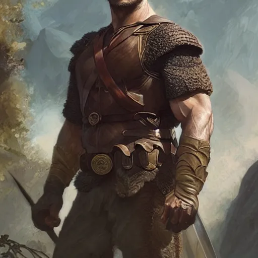 Prompt: Henry Cavill is a rugged ranger, D&D, muscular, bare thighs, fantasy, intricate, elegant, highly detailed, digital painting, artstation, concept art, smooth, sharp focus, illustration, art by artgerm and greg rutkowski and alphonse mucha