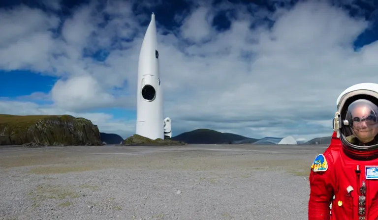 Image similar to tourist astronaut in sci-fi suit, standing in the Isle of Harris, Scotland, a futuristic space caravan in the background, wide angle lens, photorealistic