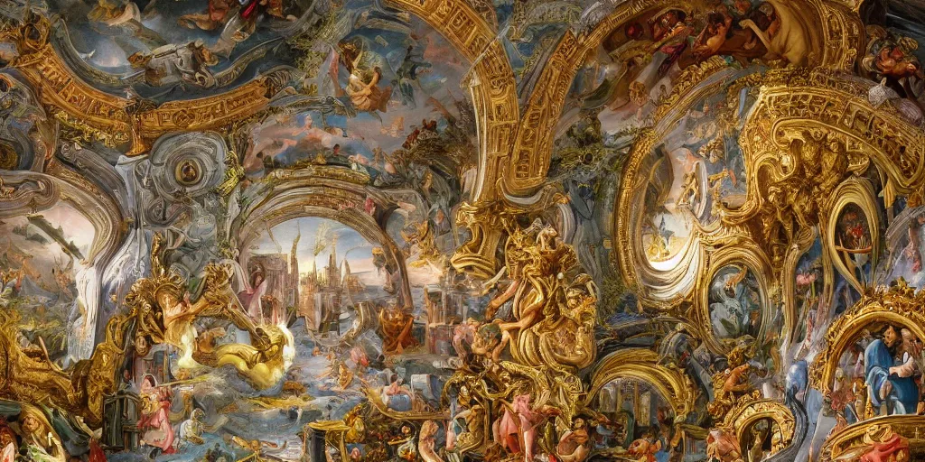 Image similar to beautiful ornate heavenly marble rococo megastructure in the style of heironymus bosch, colorful light intricate masterpiece, hyper detailed, hd