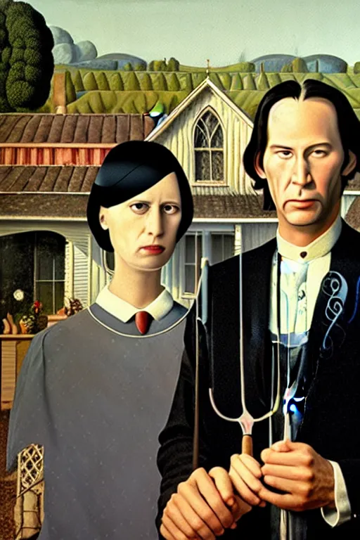 Prompt: painting of Keanu Reeves and Lady Gaga as the couple in American Gothic in the style of Grant Wood