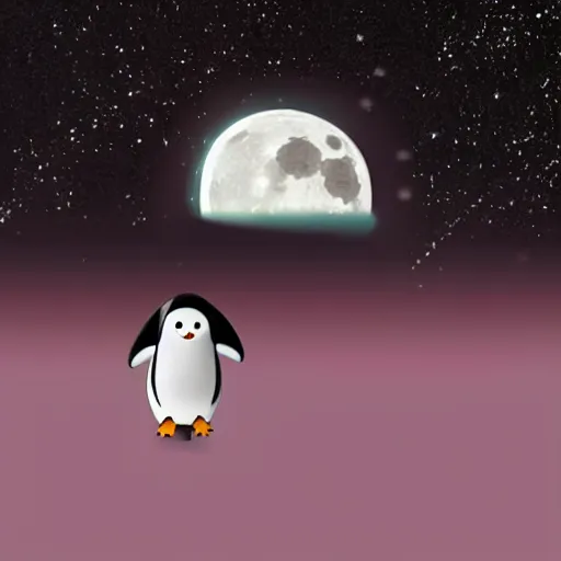 Image similar to an astronaut penguin floating in space with the moon in the background
