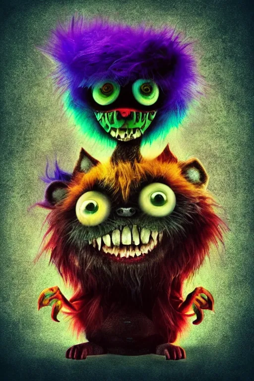 Prompt: 3 d model of adorable scary evil vibrant colored monster with long fur and glowing eyes by alexander jansson : 1 | centered, psychedelic, colorful, matte background : 0. 9 | by jim henson : 0. 7 | dave melvin : 0. 4 | unreal engine, deviantart, artstation, octane, finalrender, concept art, hd, 8 k resolution : 0. 8