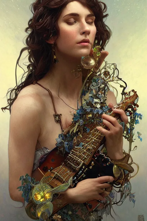 Prompt: portrait of a druid playing an electronic!!-musical-instrument, intricate, stunning, highly detailed, digital painting, artstation, concept art, smooth, sharp, focus, illustration, art by artgerm and greg rutkowski and alphonse mucha