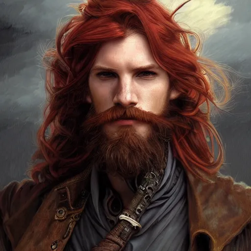 Image similar to portrait of a young rugged steampunk pirate, male, handsome, masculine, full body, red hair, long hair, soft hair, d & d, fantasy, intricate, elegant, highly detailed, steampunk, airship, digital painting, artstation, concept art, matte, sharp focus, illustration, art by artgerm and greg rutkowski and alphonse mucha