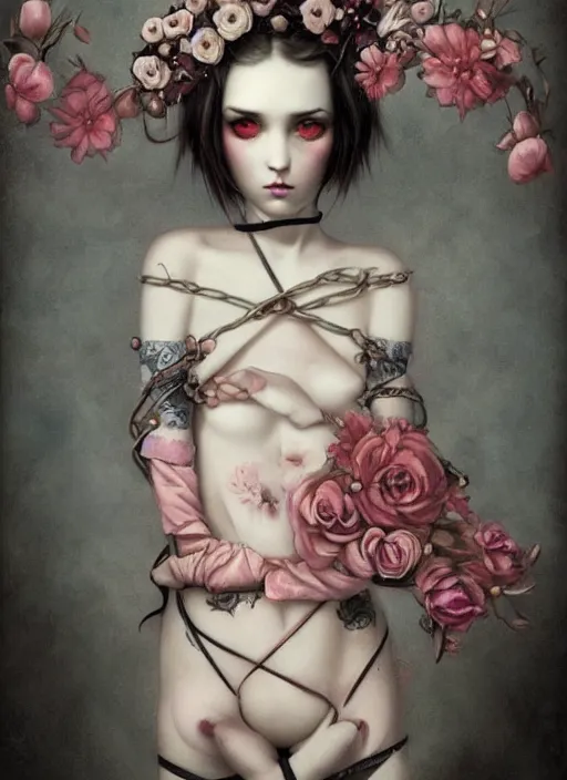 Prompt: pop surrealism, lowbrow art, realistic cute girl painting, body harness, japanese shibari with flowers, hyper realism, muted colours, rococo, natalie shau, tom bagshaw, trevor brown style,