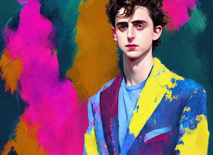 Prompt: +very detailed+masterpiece+digital+Timothee Chalamet+golden suit+featured in artstation+digitally painted by WLOP+yellow+blue+pink-H 900