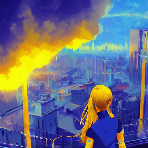 Image similar to anime ukrainian girl, in blue and yellow clothes, watching explosions in big city, concept art, trending on artstation, highly detailed, intricate, sharp focus, digital art, 8 k