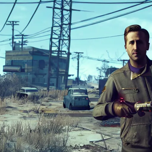 Image similar to ryan gosling in fallout 4 holds a minigun in his hands