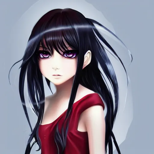 Image similar to professional anime digital art of a beatiful girl with long black hair; red eyes; face portrait; beautiful, appealing face, trending art