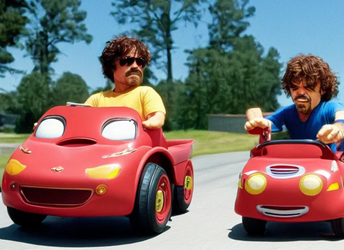 Prompt: peter dinklage and burt reynolds driving a little tikes cozy coupe, movie still, from the new smokey and the bandit, 8 k, realistic