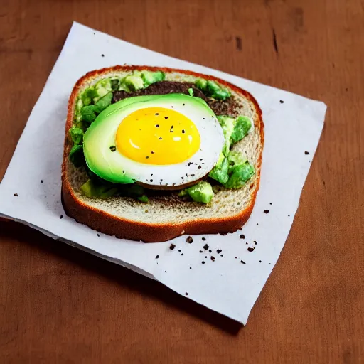 Image similar to duck egg, avocado, swiss cheese on toast. studio lighting.