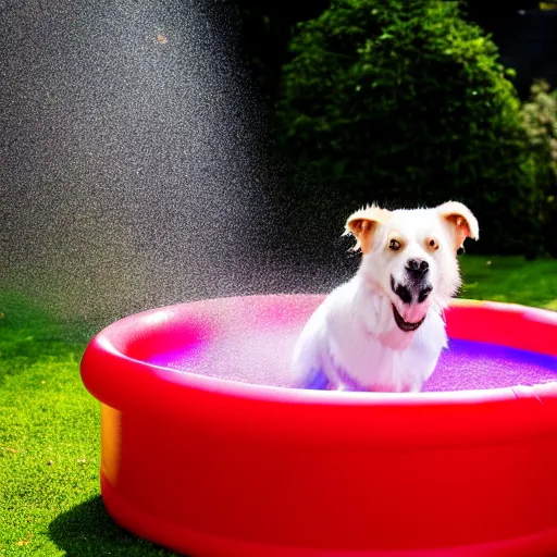 Image similar to enid the dog in a kiddie pool chasing a laser.