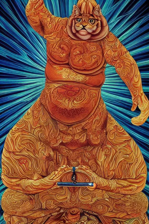 Image similar to obese tabby cat shaolin monk by alex grey, full body, extremely detailed