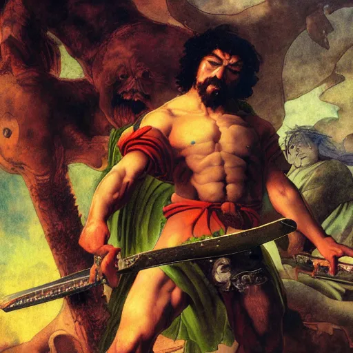 Prompt: jesus christ as a chainsaw swinging maniac, digital painting, 4 k wallpaper, by hayao miyazaki, kentaro miura, by rembrandt, by moebius, by michelangelo, by frank frazetta, beautiful, holy, gorgeous, biblical, masterpiece