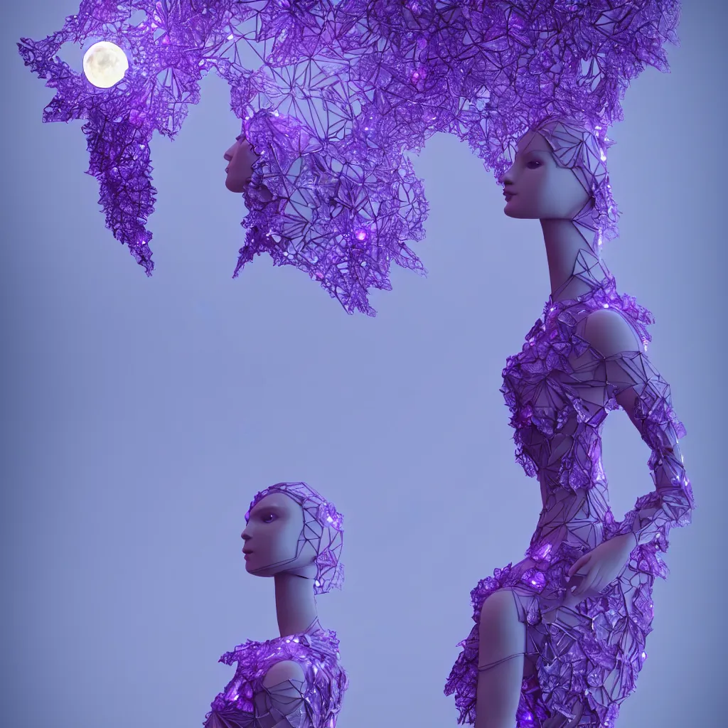 Image similar to beautiful mannequin sculpted out of amethyst by billelis + lit with 3 d geometric neon + facing a doorway opening with neon pink geometric fractal light + flowering hosta plants!!!, moon in background!, rule of thirds, clean linework, dramatic, award winning, 4 k, trending on artstation, photorealistic, volumetric lighting, octane render