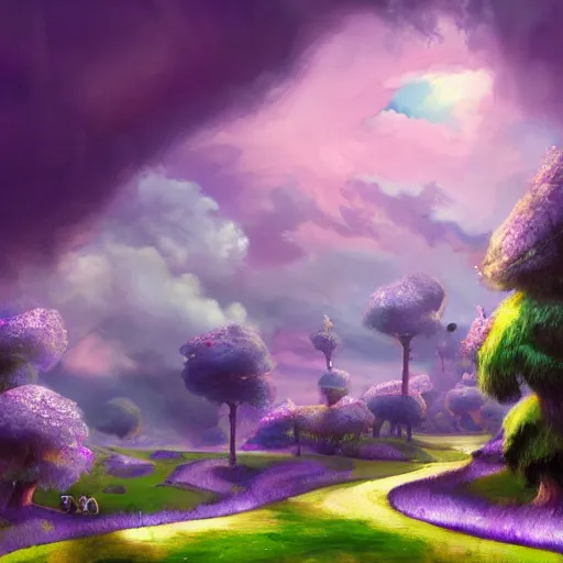 Image similar to landscape of an alice and wonderland themed landscape, purple clouds look the sky, dynamic lighting, fantasy concept art, trending on art station, stunning visuals, creative, cinematic, ultra detailed