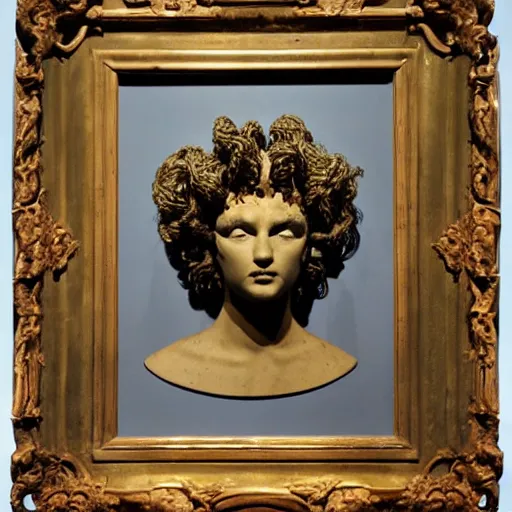 Prompt: a taxidermized medusa mythology, in a museum, portrait,