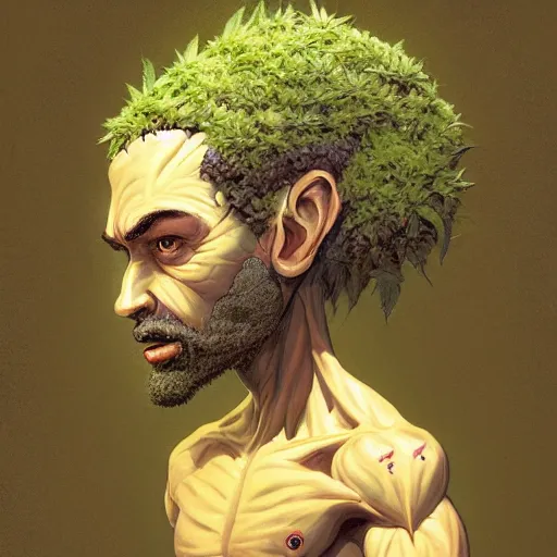 Prompt: a man made of hemp, with a head in the form of a cannabis bloom, man like grut, green skin, character, art by james jean and greg rutkowski!!, realistic face, digital art, chibi style, golden ratio, perfect composition, trending on artstation, 8 k