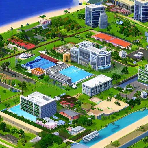 Prompt: A highly detailed Isometric view of Miami in the style of The Sims 4