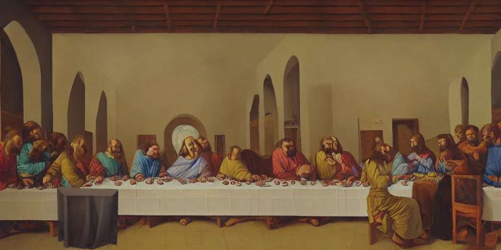Prompt: the last supper in bishop hill colony church by olof krans oil on board
