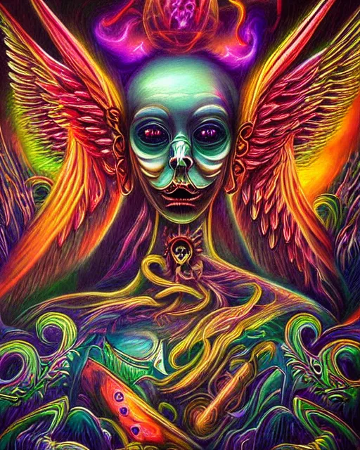 Image similar to fine details dreamcore airbrush surreal and darkly absurd symmetrical painting chaotic heavenly psychedelic dmt angel demon