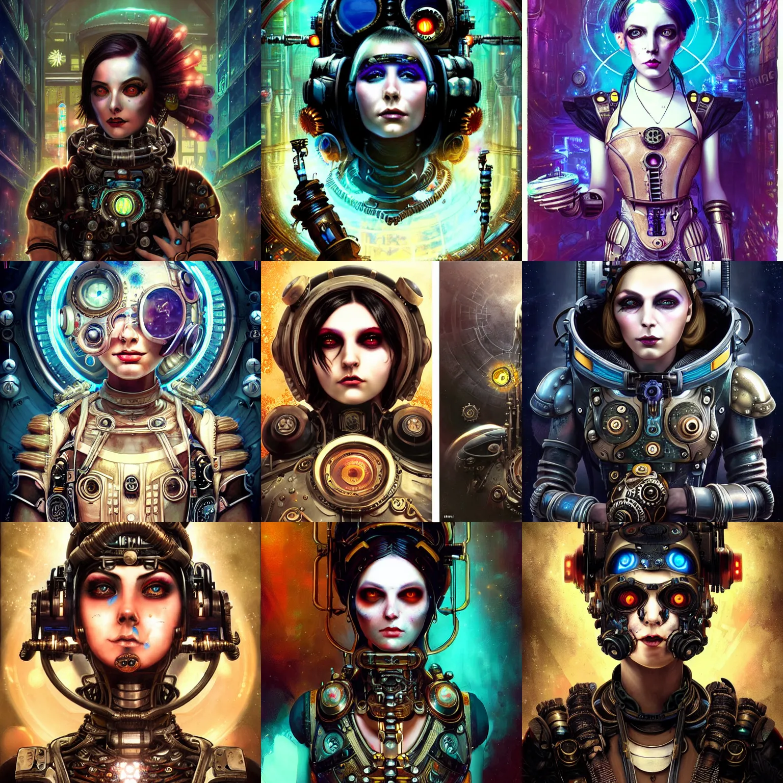 Prompt: fractal cosmic steampunk biopunk cyberpunk bioshock goth portrait, pixar style, by tristan eaton stanley artgerm and tom bagshaw.