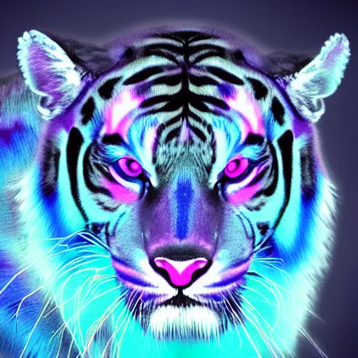 Prompt: blue tiger head growling looking to the right with hot pink lightning bolt shooting out of its eye to the left