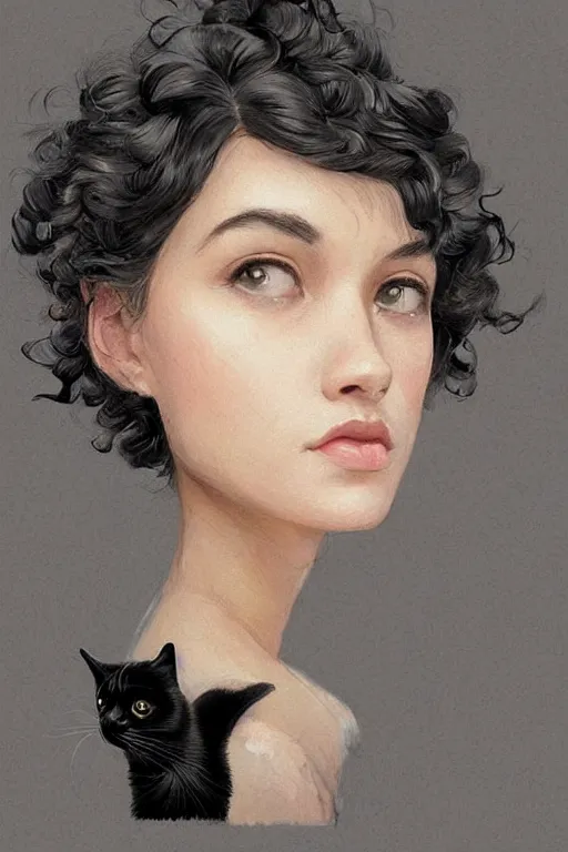 Image similar to beautiful cottagecore of a girl with short black curly hair, round face, cute face, holding a loaf of bread. There's also a black cat on her shoulder. intricate, elegant. highly detailed, digital painting, artstation, concept art, smooth, sharp, focus, illustration. Black cats. art by artgerm and greg rutkowski and alphonse mucha