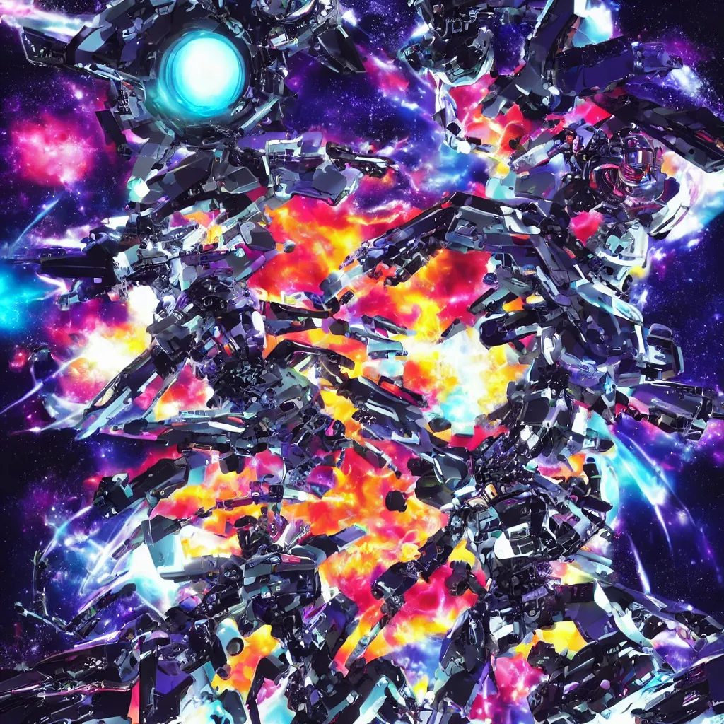 Image similar to a cybernetic nightmare stars, blinding explosions, beeple geiger falling into an event horizon with tetsuya and kansuke yomamato