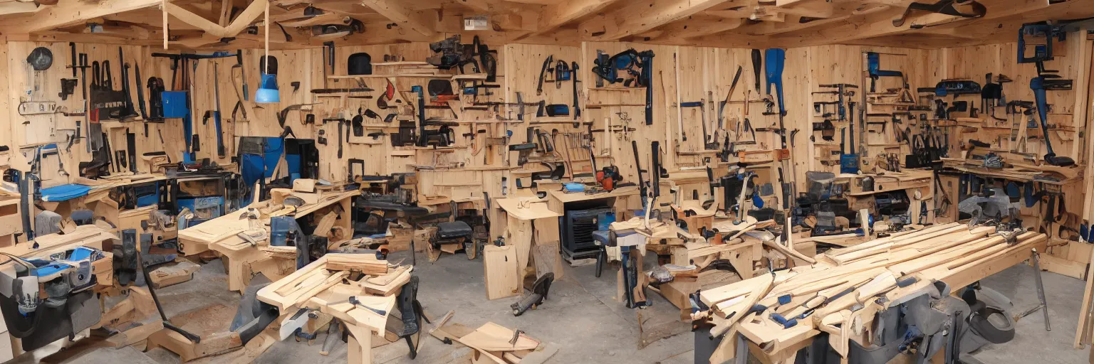 Prompt: A wood workers workshop with a lot of tools wide