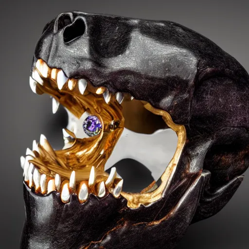 Prompt: opened mouth panther skull with gold teeth and raw gems and crystal inlaid panther skull, exposed in museum, matte black, rose gold, amethyst, high coloration, ambient lightning, focused, highly detailed, 8 k