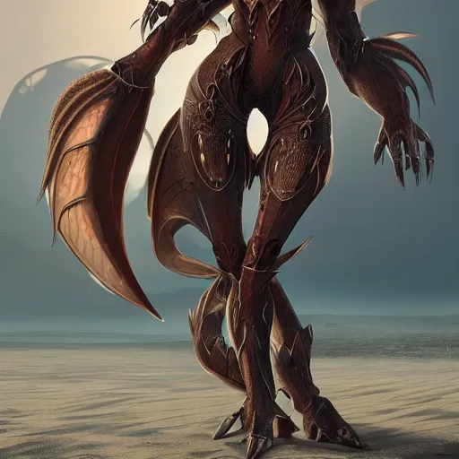 Image similar to a highly detailed beautiful anthropomorphic robot female dragon with smooth and streamlined armor, standing and posing elegantly, with sharp claws on her hands and feet, long tail with a blade on the end, on the beach, artstation, DeviantArt, professional, octane render