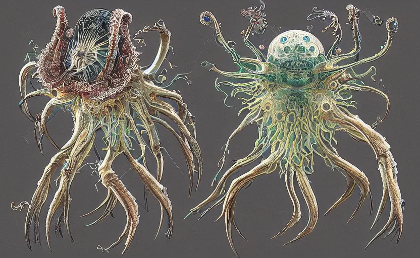 Image similar to sci - fi biomechanical, colored unreal engine monster character design, fantasy. intricate jellyfish crab eagle lizard biomechanical. by ernst haeckel