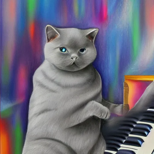 Image similar to grey british shorthair cat sitting playing piano keyboard with abstract musical note background detailed pastel painting 4 k