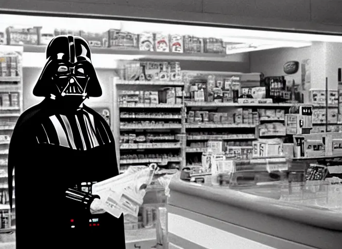 Image similar to film still of Darth Vader working as a clerk in a convenience store in Clerks movie 1994