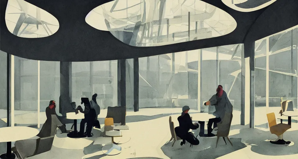 Prompt: a beautiful illustration of futuristic empty cafe, lots of furniture, dining, waiting room, big medium small, sacred geometry, golden ratio, in watercolor gouache detailed paintings, in style of syd mead, trending on artstation,8k, panel, hard surface, vent, zaha hadid, props, plant, cozy,decoration around the room