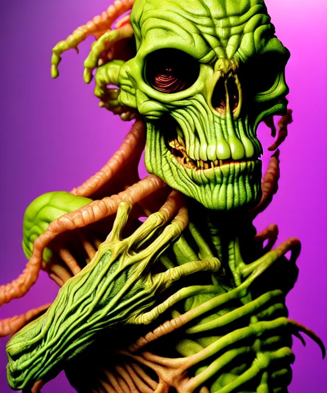 Image similar to hyperrealistic rendering, cronenberg flesh monster skeletor by art of skinner and richard corben and jeff easley, product photography, action figure, sofubi, studio lighting, colored gels