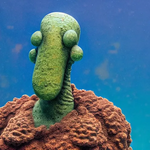 Image similar to rusty statue of handsome squidward in a coreal reef, 4 k